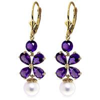 Amethyst and Pearl Blossom Drop Earrings 6.28ctw in 9ct Gold