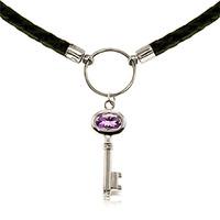 Amethyst Key Charm Leather Pendant Necklace 0.5ct in 9ct White Gold