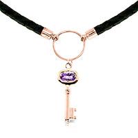 Amethyst Key Charm Leather Pendant Necklace 0.5ct in 9ct Rose Gold