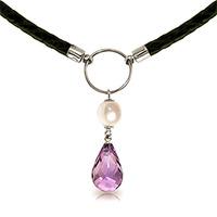 amethyst and pearl leather pendant necklace 75ctw in 9ct white gold