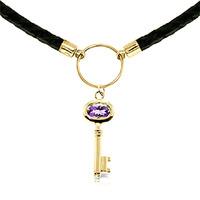 Amethyst Key Charm Leather Pendant Necklace 0.5ct in 9ct Gold