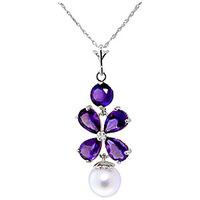 Amethyst and Pearl Blossom Pendant Necklace 3.65ctw in 9ct White Gold