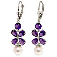 Amethyst and Pearl Blossom Drop Earrings 6.28ctw in 9ct White Gold