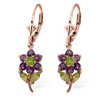 Amethyst and Peridot Flower Petal Drop Earrings 2.12ctw in 9ct Rose Gold