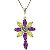 Amethyst, Diamond and Peridot Flower Cross Pendant Necklace 1.98ctw in 9ct Gold
