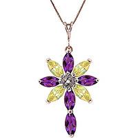 Amethyst, Diamond and Peridot Flower Cross Pendant Necklace 1.98ctw in 9ct Rose Gold