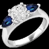 An elegant Round Brilliant Cut diamond ring with sapphire shoulder stones in platinum (In stock)