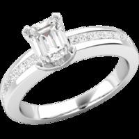 An elegant Emerald Cut diamond ring with shoulder stones in platinum (In stock)