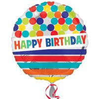 Anagram 18 Inch Circle Foil Balloon - Happy Birthday Dots & Stripes On Silver
