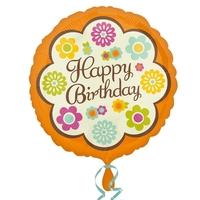 Anagram 18 Inch Circle Foil Balloon - Happy Birthday Retro Flowers