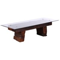 anteak root wooden coffee table with glass top