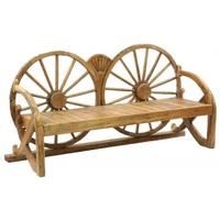 anteak root bench with wagon wheel