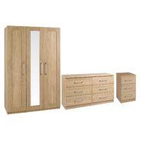 Andante 3 Door Mirrored Wardrobe 6 Drawer Wide Chest and 3 Drawer Bedside Set Oak