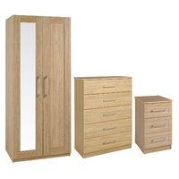 Andante 2 Door Mirrored Wardrobe 5 Drawer Chest and 3 Drawer Bedside Set Oak