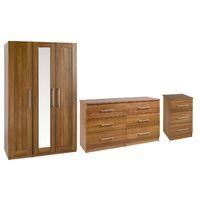 Andante 3 Door Mirrored Wardrobe 6 Drawer Wide Chest and 3 Drawer Bedside Set Walnut