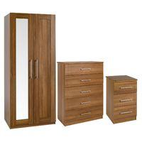 Andante 2 Door Mirrored Wardrobe 5 Drawer Chest and 3 Drawer Bedside Set Walnut