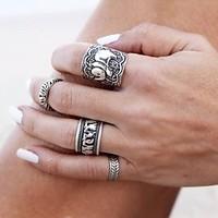 Antique Silver Carved Flower Adjustable Ring Set Midi Rings(Set of 4)