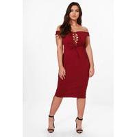 Anna Off The Shoulder Lace Up Midi Dress - burgundy