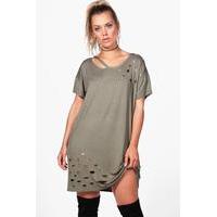 annie distressed cut out t shirt dress khaki