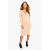 Anna Long Sleeve Lace Up Midi Dress - sand