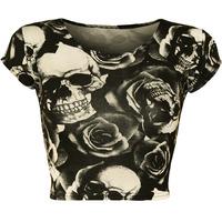 anisa skull roses cap sleeve crop top black