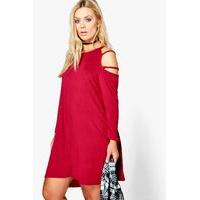 ann open shoulder strappy long sleeve dress merlot