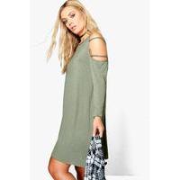 ann open shoulder strappy long sleeve dress khaki