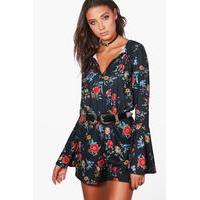 Annabel Tie Front Flared Sleeve Floral Playsuit - multi