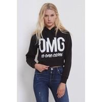 Ann Fleece Crop Hoody OMG No One Cares Printed Sweatshirt Jumper Top