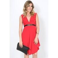 Anna V Neck Sleeveless Buckle Flared Dress