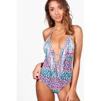 animal print fringed plunge swimsuit white