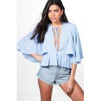 angel cape sleeve low v neck top bluebell