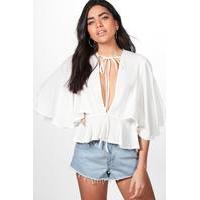 Angel Cape Sleeve Low V Neck Top - ivory