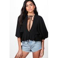 Angel Cape Sleeve Low V Neck Top - black