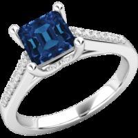 An elegant Square Cut Sapphire and Diamond ring with shoulder stones in 18ct white gold