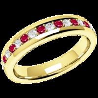 An elegant round brilliant cut ruby & diamond eternity ring in 18ct yellow gold