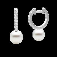 An elegant pair of White Pearl and Round Brilliant Cut diamond drop earrings in 18ct white gold