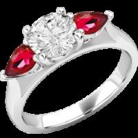 An elegant Round Brilliant Cut diamond ring with ruby shoulder stones in platinum