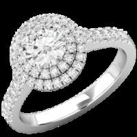 An exquisite Round Brilliant Cut diamond halo cluster with shoulder stones in platinum