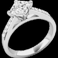 An elegant Princess Cut diamond ring with shoulder stones in platinum