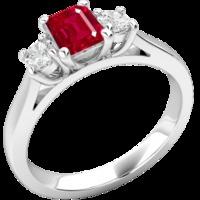 an elegant three stone ruby diamond ring in 18ct white gold