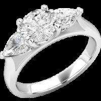 An elegant Round Brilliant Cut diamond ring with Pear shoulder stones in platinum