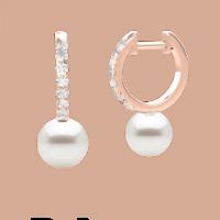 An elegant pair of White Pearl and Round Brilliant Cut diamond drop earrings in 18ct rose gold