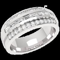 An eye-catching Baguette & Round Brilliant Cut dress diamond ring in platinum