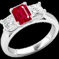 an elegant three stone ruby diamond ring in 18ct white gold