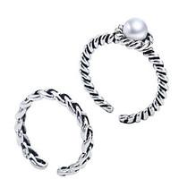 Antique Silver Vintage Style Pearl Open Band Midi Ring for Men/Women Jewelry(2PCS/Set)