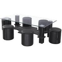 Aquatic Coffee Table In Clear Glass Top With 6 Black Poufs