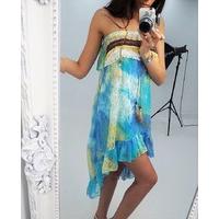 Aqua crochet frill dipped hem feather dress