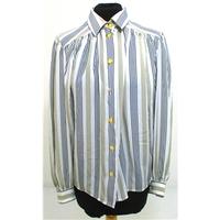 Aquascutum Size 10 White, Grey And Brown Striped Long Sleeved Blouse.