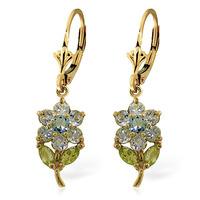 Aquamarine and Peridot Flower Petal Drop Earrings 2.12ctw in 9ct Gold